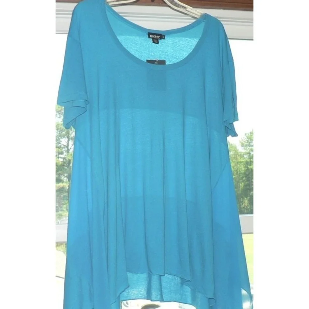 DKNY Women's Short Sleeve Inset Handkerchief Hem Oversized Tunic Turquoise Small